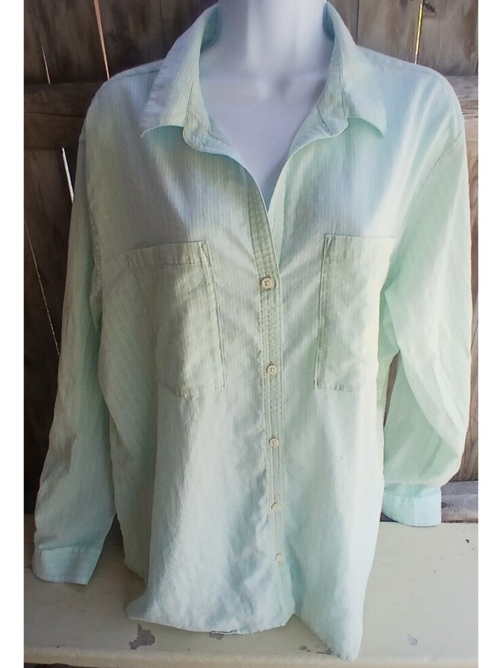 Wonen's Patagonia light cotton button down shirt size XL. Mint green/ White